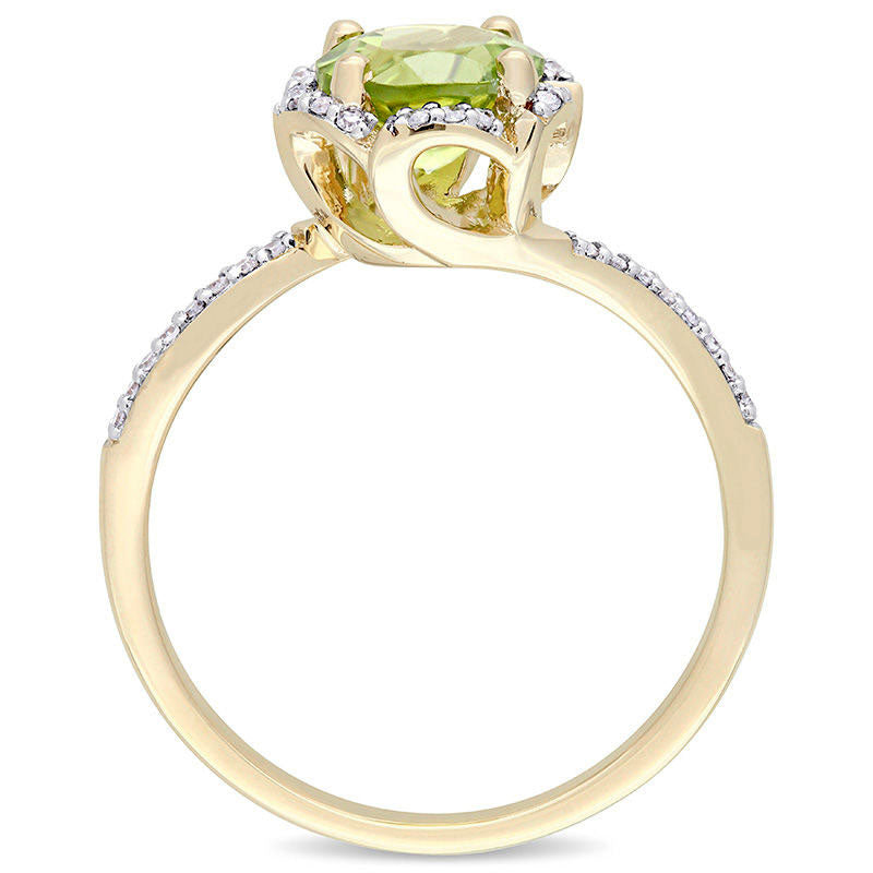 7.0mm Peridot and 0.10 CT. T.W. Natural Diamond Floral Frame Bypass Ring in Solid 14K Gold