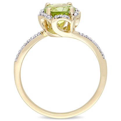 7.0mm Peridot and 0.10 CT. T.W. Natural Diamond Floral Frame Bypass Ring in Solid 14K Gold
