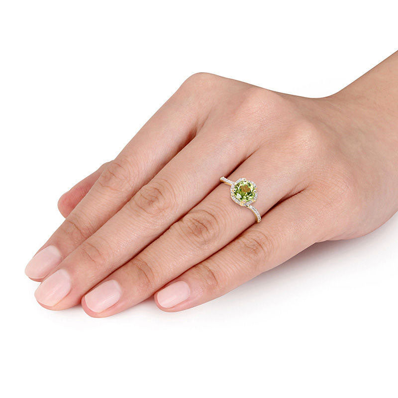 7.0mm Peridot and 0.10 CT. T.W. Natural Diamond Floral Frame Bypass Ring in Solid 14K Gold