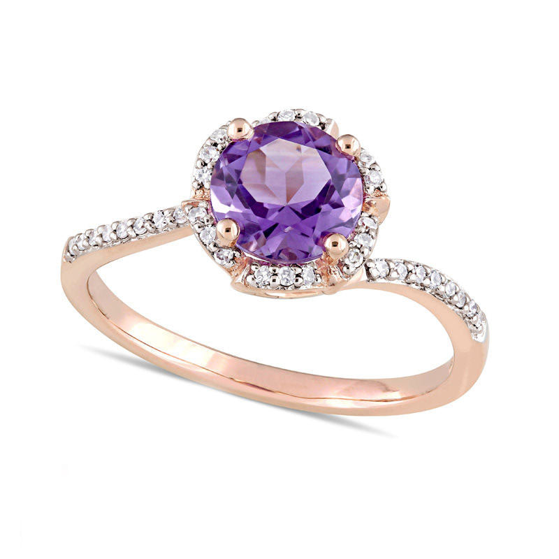 7.0mm Amethyst and 0.10 CT. T.W. Natural Diamond Floral Frame Bypass Ring in Solid 14K Rose Gold