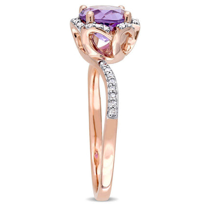 7.0mm Amethyst and 0.10 CT. T.W. Natural Diamond Floral Frame Bypass Ring in Solid 14K Rose Gold
