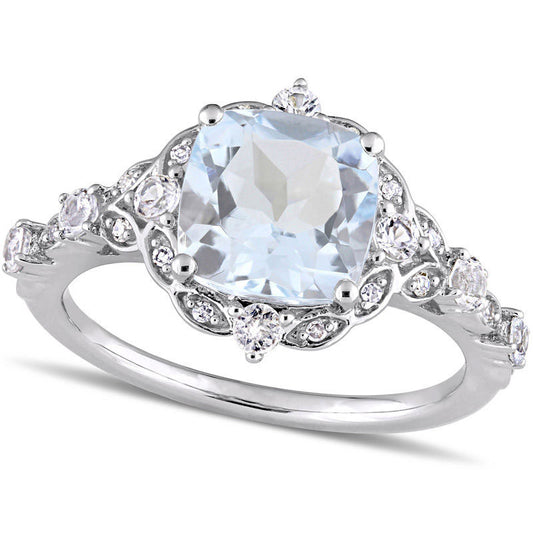 8.0mm Cushion-Cut Aquamarine, White Sapphire and 0.05 CT. T.W. Natural Diamond Frame Antique Vintage-Style Ring in Solid 14K White Gold