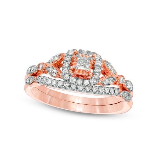 0.33 CT. T.W. Princess-Cut Natural Diamond Frame Leaf-Sides Antique Vintage-Style Bridal Engagement Ring Set in Solid 10K Rose Gold