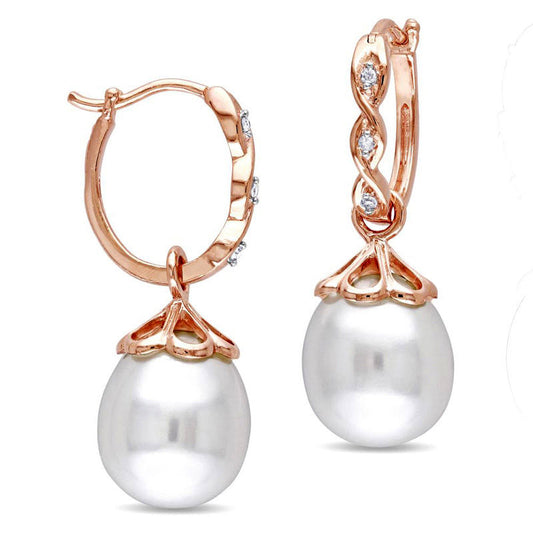 9.0 - 9.5mm Baroque Cultured Freshwater Pearl and Diamond Accent Twisted Drop Hoop Earrings in 10K Rose Gold
