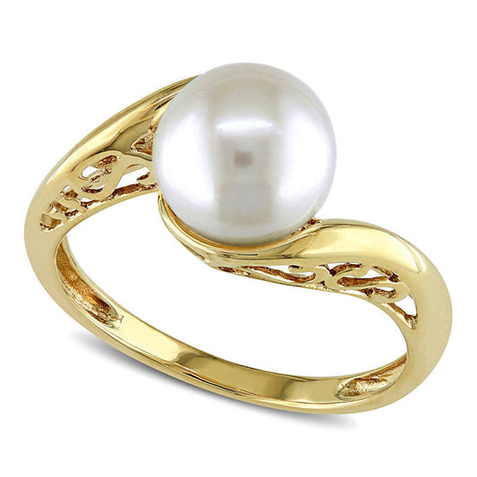 8.0 - 8.5mm Cultured Freshwater Pearl and Scroll Bypass Ring in Solid 10K Yellow Gold