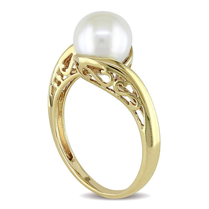 8.0 - 8.5mm Cultured Freshwater Pearl and Scroll Bypass Ring in Solid 10K Yellow Gold