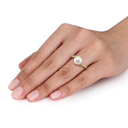 8.0 - 8.5mm Cultured Freshwater Pearl and Scroll Bypass Ring in Solid 10K Yellow Gold