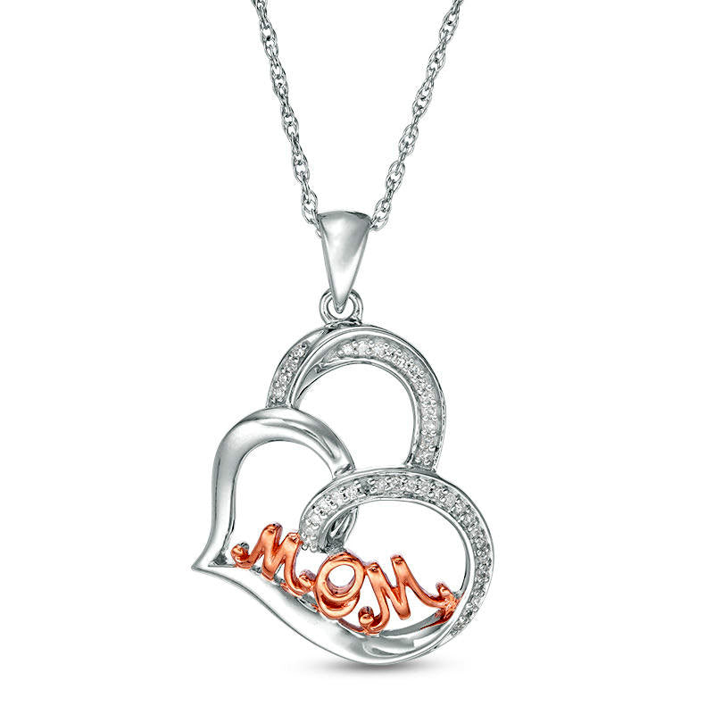 0.1 CT. T.W. Natural Diamond "MOM" Tilted Heart Pendant in Sterling Silver with 14K Rose Gold Plate