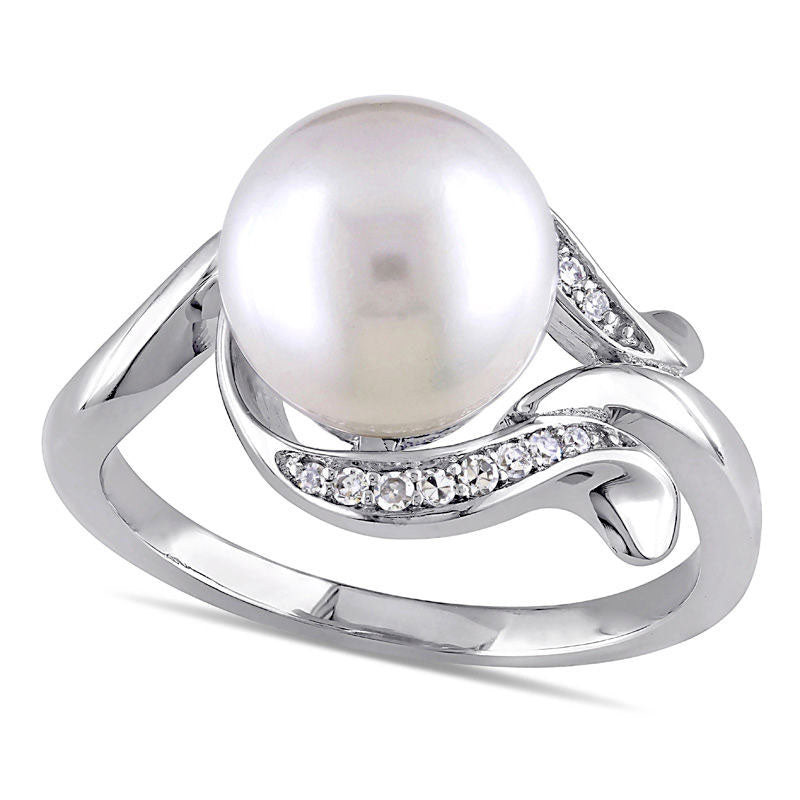9.0 - 9.5mm Cultured Freshwater Pearl and 0.07 CT. T.W. Natural Diamond Loop Ring in Solid 10K White Gold