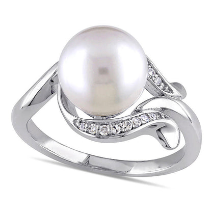 9.0 - 9.5mm Cultured Freshwater Pearl and 0.07 CT. T.W. Natural Diamond Loop Ring in Solid 10K White Gold