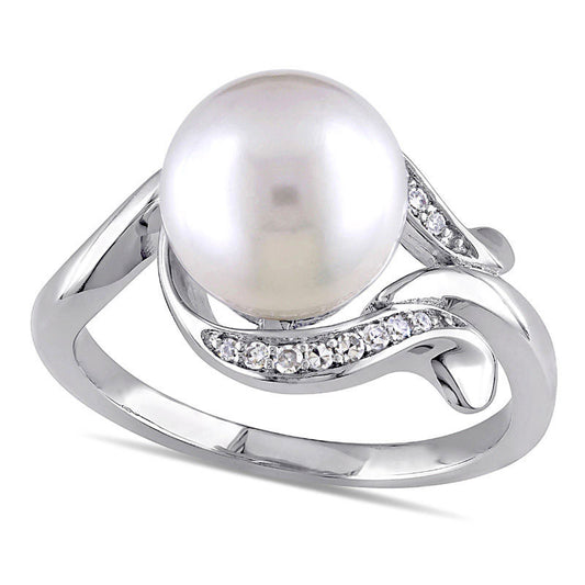 9.0 - 9.5mm Cultured Freshwater Pearl and 0.07 CT. T.W. Natural Diamond Loop Ring in Solid 10K White Gold