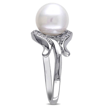 9.0 - 9.5mm Cultured Freshwater Pearl and 0.07 CT. T.W. Natural Diamond Loop Ring in Solid 10K White Gold