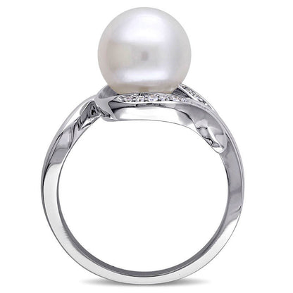 9.0 - 9.5mm Cultured Freshwater Pearl and 0.07 CT. T.W. Natural Diamond Loop Ring in Solid 10K White Gold