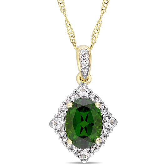 Oval Chrome Diopside, White Sapphire and 0.1 CT. T.W. Natural Diamond Frame Pendant in 14K Gold - 17"