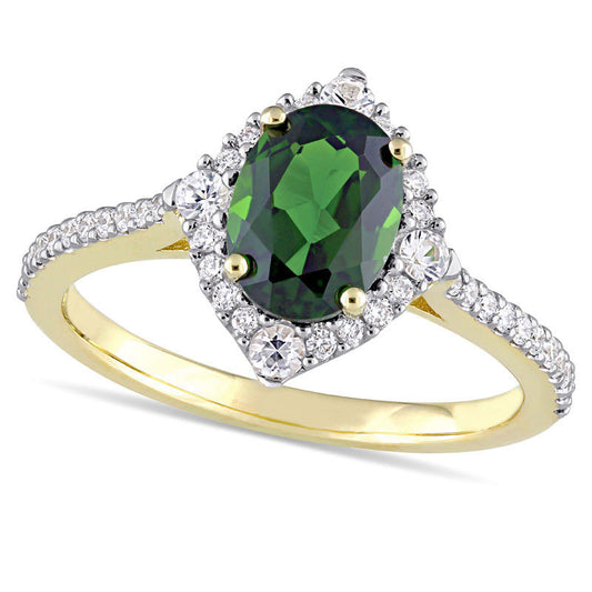 Oval Chrome Diopside, White Sapphire and 0.25 CT. T.W. Natural Diamond Frame Ring in Solid 14K Gold