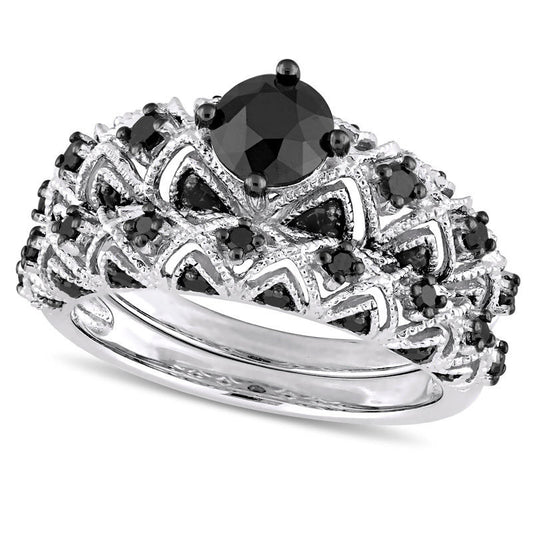 1.25 CT. T.W. Enhanced Black Natural Diamond Zig-Zag Antique Vintage-Style Bridal Engagement Ring Set in Solid 10K White Gold