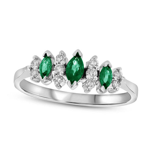 Marquise Emerald and 0.17 CT. T.W. Natural Diamond Seven Stone Illusion Anniversary Ring in Solid 14K White Gold