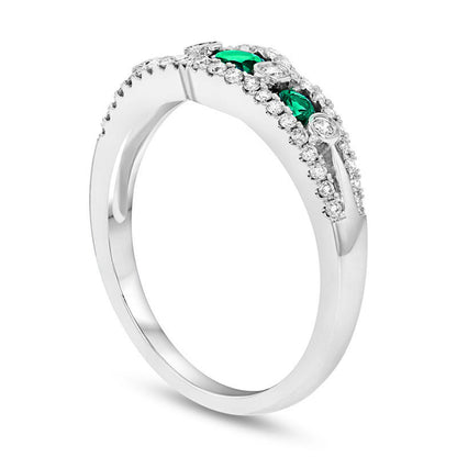 Emerald and 0.25 CT. T.W. Natural Diamond Seven Stone Anniversary Ring in Solid 14K White Gold