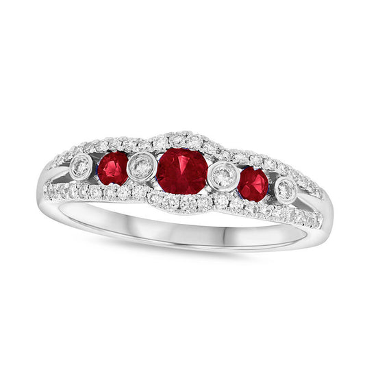Ruby and 0.25 CT. T.W. Natural Diamond Seven Stone Anniversary Ring in Solid 14K White Gold