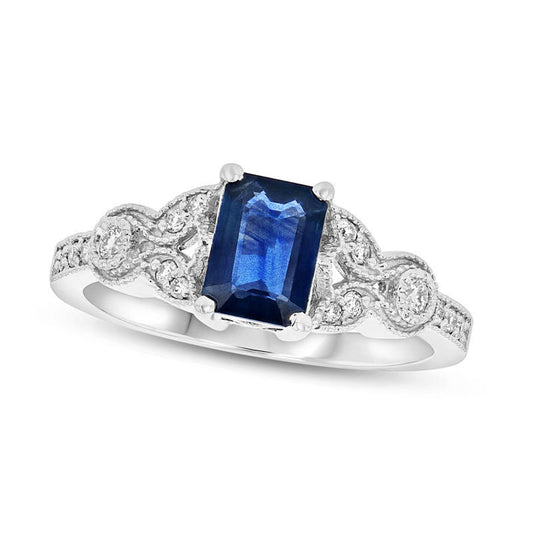 Emerald-Cut Blue Sapphire and 0.17 CT. T.W. Natural Diamond Antique Vintage-Style Floral Ring in Solid 14K White Gold