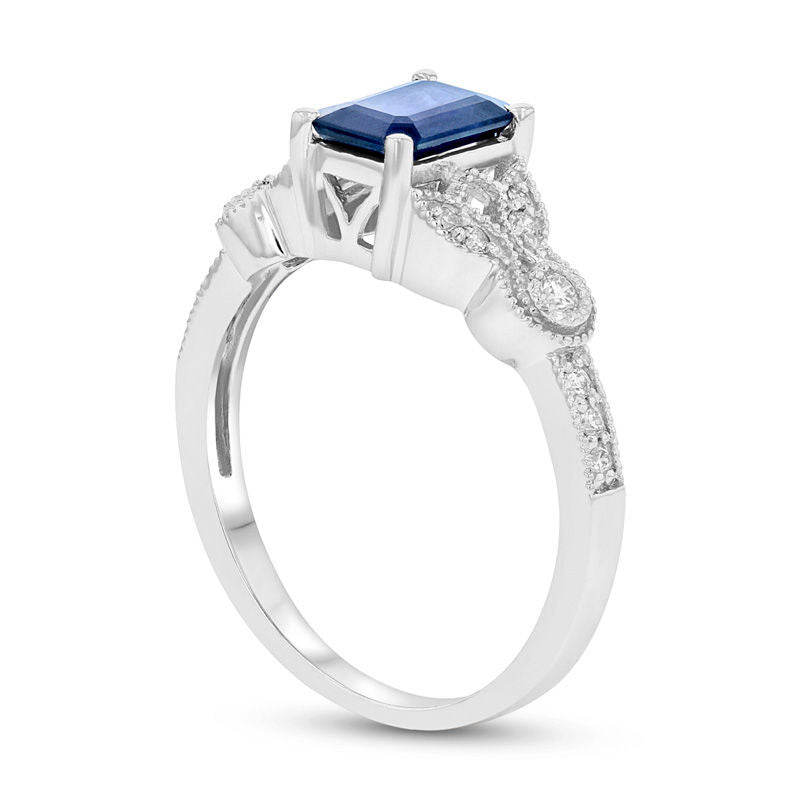 Emerald-Cut Blue Sapphire and 0.17 CT. T.W. Natural Diamond Antique Vintage-Style Floral Ring in Solid 14K White Gold