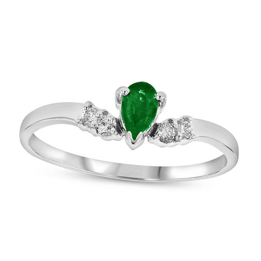 Pear-Shaped Emerald and 0.07 CT. T.W. Natural Diamond Chevron Ring in Solid 14K White Gold
