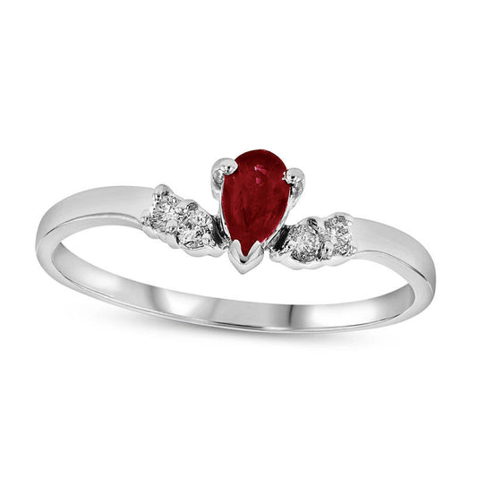 Pear-Shaped Ruby and 0.07 CT. T.W. Natural Diamond Chevron Ring in Solid 14K White Gold