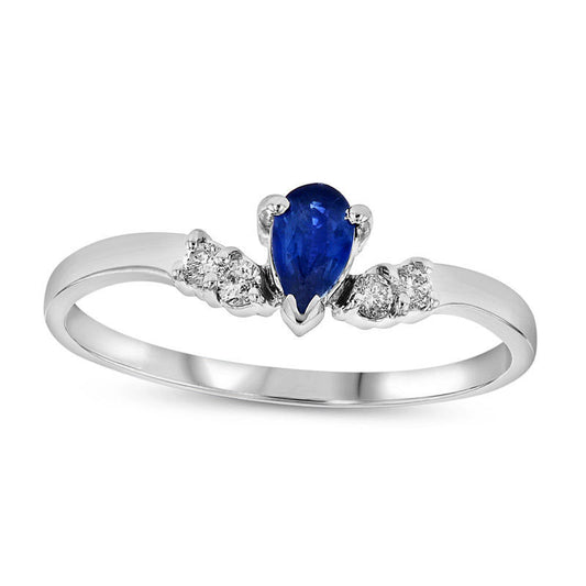 Pear-Shaped Blue Sapphire and 0.07 CT. T.W. Natural Diamond Chevron Ring in Solid 14K White Gold