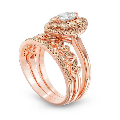 1.13 CT. T.W. Champagne and White Natural Diamond Double Frame Vine Three Piece Bridal Engagement Ring Set in Solid 10K Rose Gold - Size 7