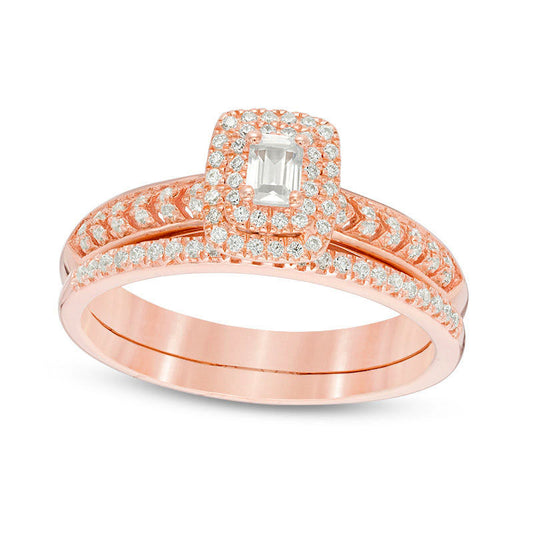 0.50 CT. T.W. Emerald-Cut Natural Diamond Double Frame Chevron Bridal Engagement Ring Set in Solid 10K Rose Gold - Size 7