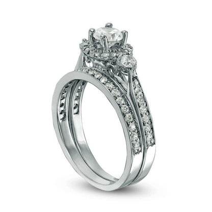 1.0 CT. T.W. Natural Diamond Three Stone Frame Bridal Engagement Ring Set in Solid 10K White Gold