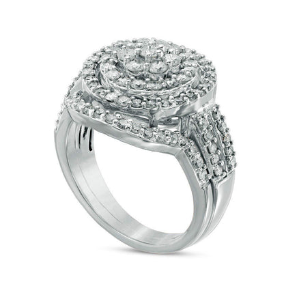 1.13 CT. T.W. Composite Natural Diamond Double Frame Bridal Engagement Ring Set in Solid 10K White Gold