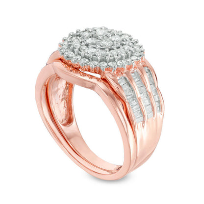 1.0 CT. T.W. Composite Natural Diamond Frame Multi-Row Bridal Engagement Ring Set in Solid 10K Rose Gold