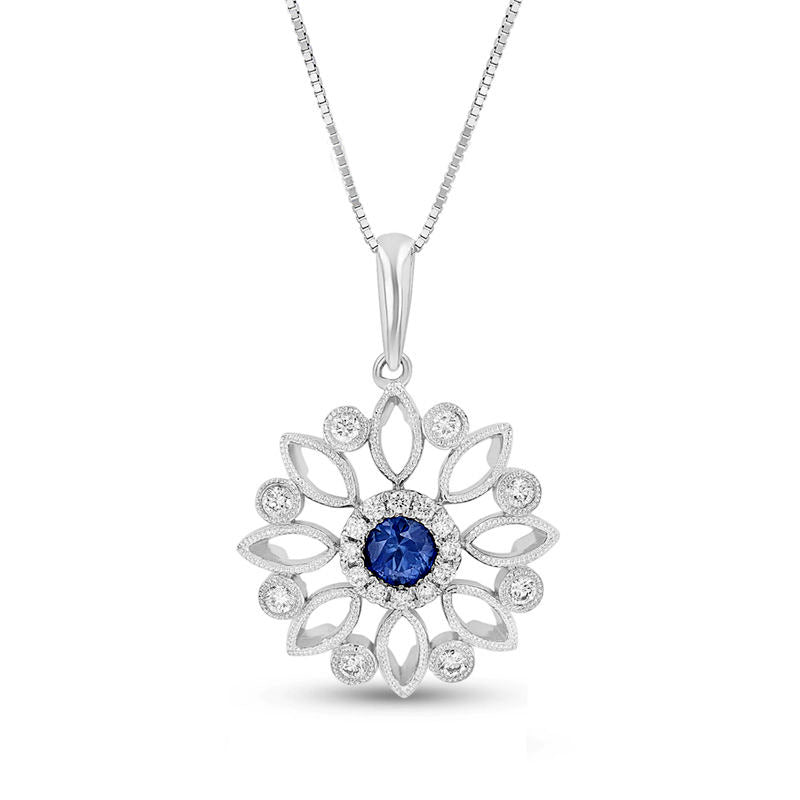 4.0mm Blue Sapphire and 0.2 CT. T.W. Natural Diamond Antique Vintage-Style Flower Pendant in 14K White Gold