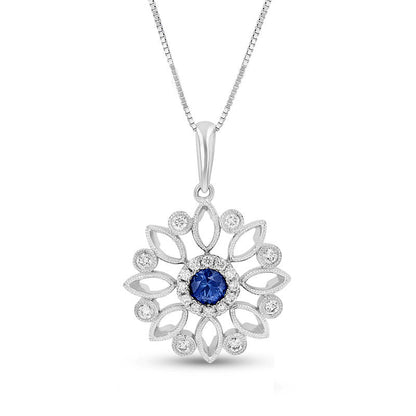 4.0mm Blue Sapphire and 0.2 CT. T.W. Natural Diamond Antique Vintage-Style Flower Pendant in 14K White Gold