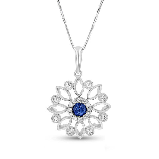 4.0mm Blue Sapphire and 0.2 CT. T.W. Natural Diamond Antique Vintage-Style Flower Pendant in 14K White Gold