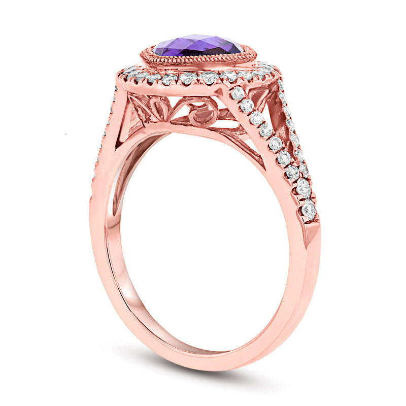 7.0mm Cushion-Cut Amethyst and 0.38 CT. T.W. Natural Diamond Frame Split Shank Ring in Solid 14K Rose Gold