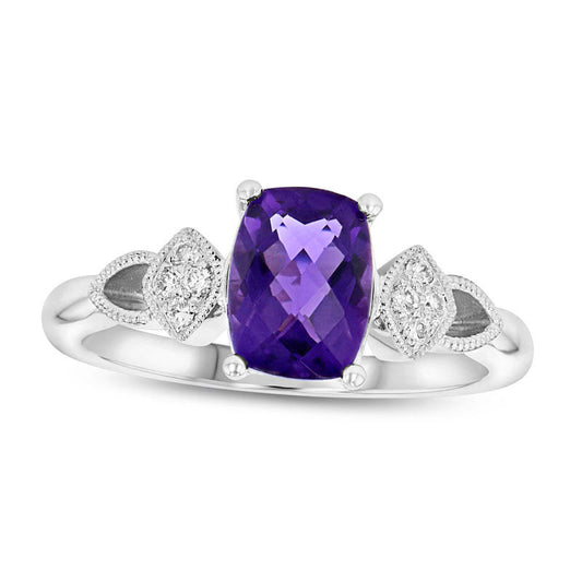Cushion-Cut Amethyst and 0.07 CT. T.W. Natural Diamond Antique Vintage-Style Art Deco Ring in Solid 14K White Gold