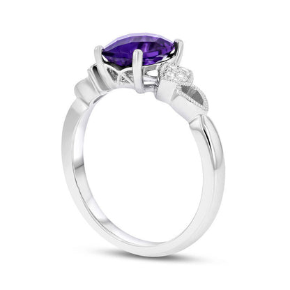 Cushion-Cut Amethyst and 0.07 CT. T.W. Natural Diamond Antique Vintage-Style Art Deco Ring in Solid 14K White Gold