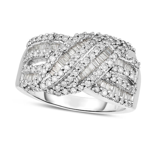 1.0 CT. T.W. Baguette and Round Natural Diamond Multi-Row Layered Twist Ring in Solid 14K White Gold