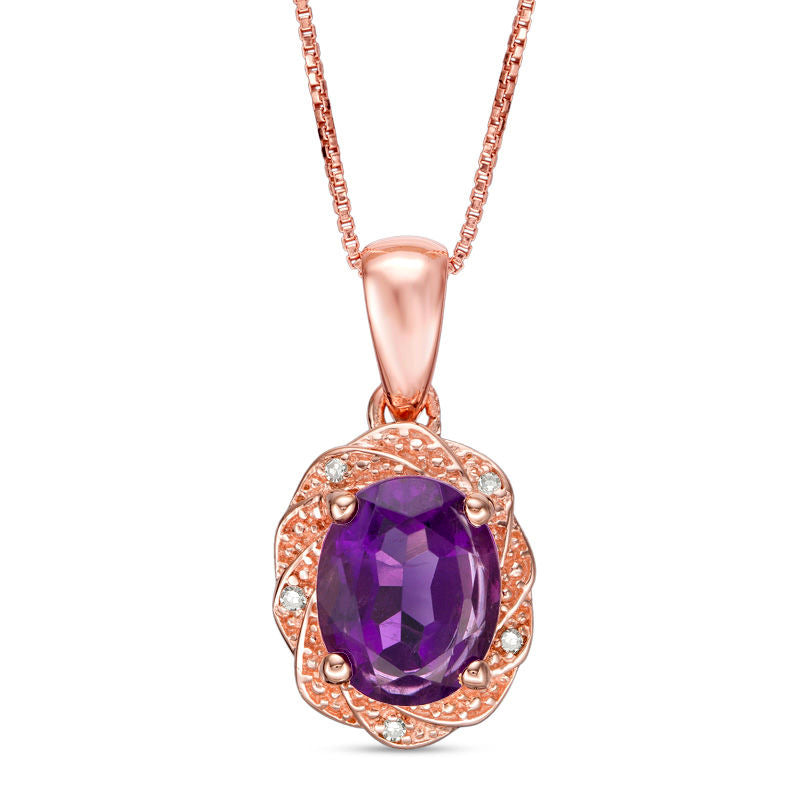 Oval Amethyst and Natural Diamond Accent Pinwheel Frame Pendant in Sterling Silver with 14K Rose Gold Plate