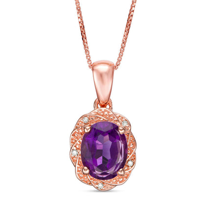 Oval Amethyst and Natural Diamond Accent Pinwheel Frame Pendant in Sterling Silver with 14K Rose Gold Plate