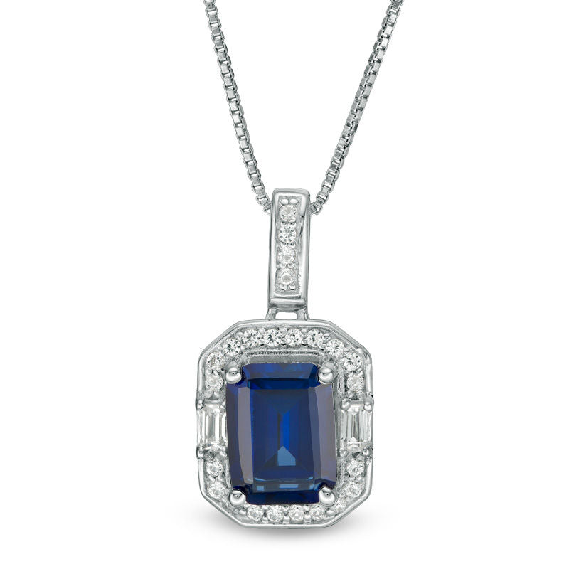 Emerald-Cut Lab-Created Blue and White Sapphire Frame Pendant in Sterling Silver