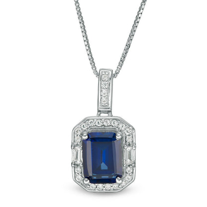 Emerald-Cut Lab-Created Blue and White Sapphire Frame Pendant in Sterling Silver