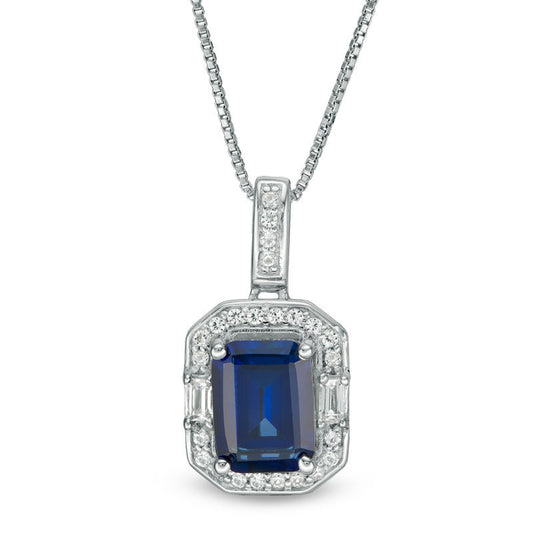 Emerald-Cut Lab-Created Blue and White Sapphire Frame Pendant in Sterling Silver