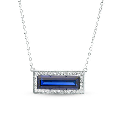 Sideways Baguette Lab-Created Blue and White Sapphire Frame Bar Necklace in Sterling Silver