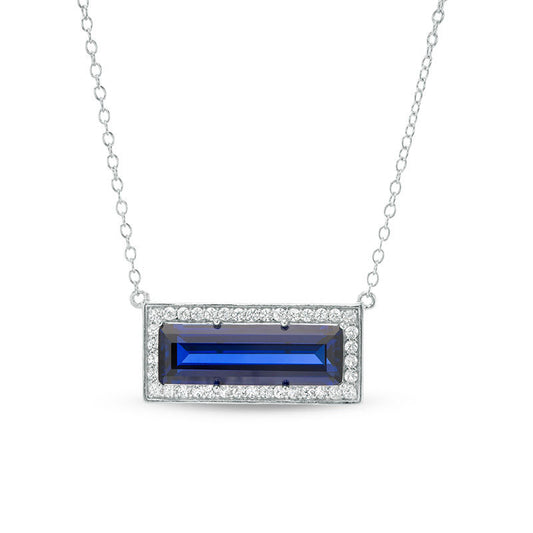 Sideways Baguette Lab-Created Blue and White Sapphire Frame Bar Necklace in Sterling Silver