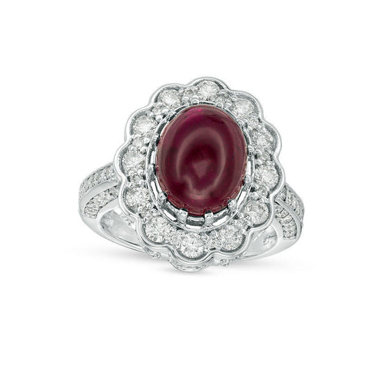 Oval Tourmaline Cabochon and 1.5 CT. T.W. Natural Diamond Scallop Frame Ring in Solid 14K White Gold