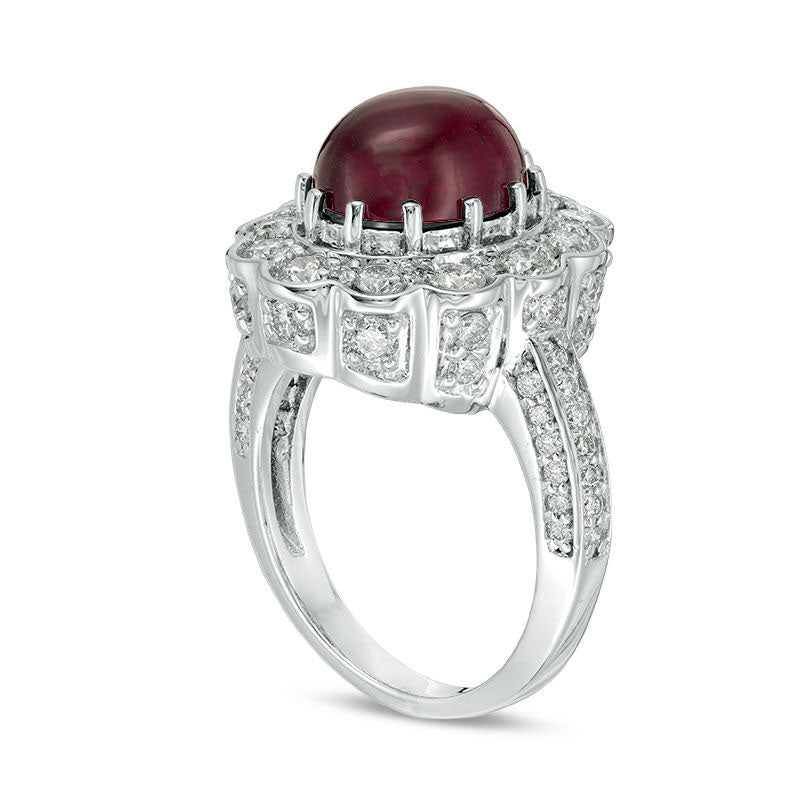 Oval Tourmaline Cabochon and 1.5 CT. T.W. Natural Diamond Scallop Frame Ring in Solid 14K White Gold