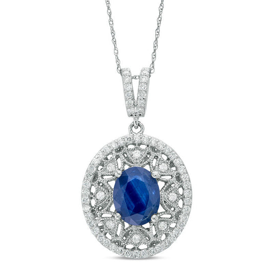 Oval Blue Sapphire and 0.63 CT. T.W. Natural Diamond Art Deco Frame Pendant in 14K White Gold